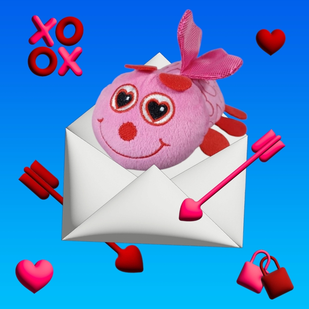 -Valentine Love bug Soft Plush Stuffed Pink Bug Heart Shiny Wings 7in Fairy Core